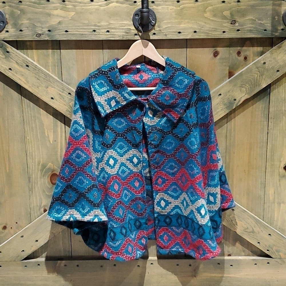 VINTAGE RETRO COLORFUL PONCHO COVERALL SWEATER FREE SIZE MAXIMALISM AOP